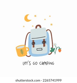 Cute cartoon Summer Camping. Adventure, tourist areas, camp and animals. Colorful vector outdoor illustration in flat cartoon style.