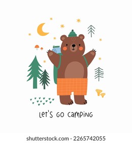 Cute cartoon Summer Camping. Adventure, tourist areas, camp and Bear. Colorful vector outdoor illustration in flat cartoon style.