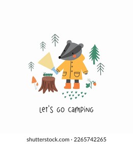 Cute cartoon Summer Camping. Adventure, tourist areas, camp and badger. Colorful vector outdoor illustration in flat cartoon style.