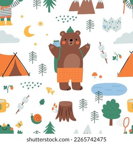 Cute cartoon Summer Camping. Adventure, tourist areas, camp and bear, fox, badger. Colorful vector outdoor seamless pattern in flat cartoon style.