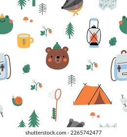 Cute Cartoon Summer Camping. Abenteuer, Touristengebiete, Campingplatz und Bär, Fuchs, Badger. Farbige Vektorgrafik nahtlos im Freien Muster im flachen Cartoon-Stil.