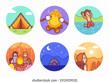 Cute cartoon summer camping illustration set. Children making campfire, setting up tents, swimming in lake, hiking. Fun outdoors vector illustration.