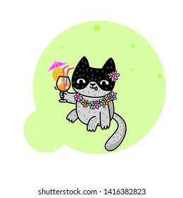 Cute cartoon summer cat with a cocktail. Cute cat holding a glass in his paw. Vector illustration.