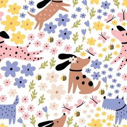 Cute Cartoon Summer Dogs And Flowers. Vector Print Pet In Garden. Floral Seamless Pattern 