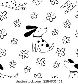 Cute cartoon summer dogs and flowers. Vector print pet in garden. Floral seamless pattern 