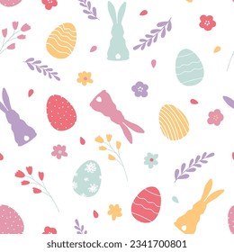 Cute cartoon summer Easter bunnies with sprigs flowers, hearts.Seamless colorful vector pattern in flat style.