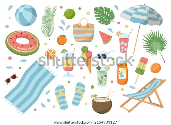 Cute cartoon summer\
elements set: sling chair, umbrella, towel, drinks, and food. Great\
for posters, scrapbooking, stickers, and print. Isolated on white\
background.