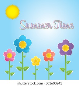 Cute cartoon summer flowers on the blue sky background