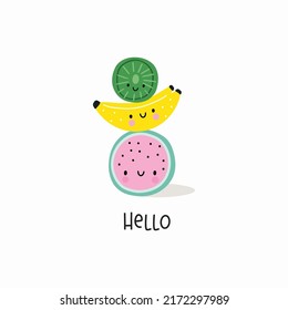 Cute cartoon summer fruit - vector illustration. Cute character -Watermelon, banana, kiwi