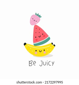 Cute cartoon summer fruit - vector illustration. Cute character -Watermelon, strawberry, banana