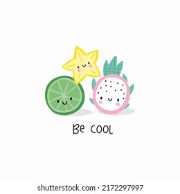 Cute cartoon summer fruit - vector illustration. Cute character - lemon, lime, carambola