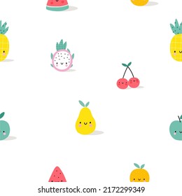 Cute cartoon summer fruit - vector seamless pattern. Cute pineapple, watermelon, orange, dragon fruit, cherry, pear, apple