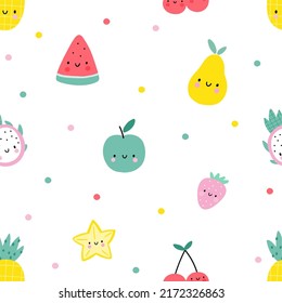 Cute cartoon summer fruit - vector seamless pattern. Cute pineapple, watermelon,  dragon fruit, cherry, pear, apple, carambola, Strawberry