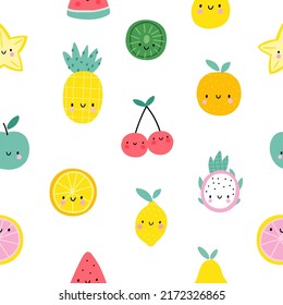 Cute cartoon summer fruit - vector seamless pattern. Cute pineapple, watermelon,  cherry, pear, apple, carambola, Strawberry, kiwi