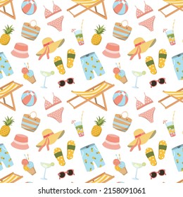 Cute cartoon summer holiday elements seamless pattern: sling chair, clothes, drinks. Great for wallpaper, textile, and print. Isolated on white background.