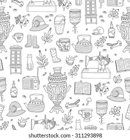 Cute cartoon summer house seamless pattern. Dacha illustration. Adorable cat and chipmunk image. Vector tile wallpaper.