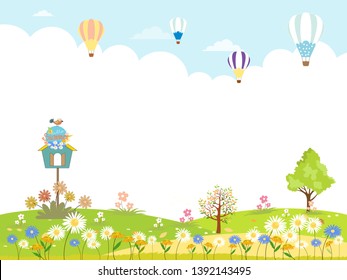 Cute cartoon summer landscape with copy space, Vector Hello summer with hot air balloons and grass flowers field, Summer for Banner, Sale, Card and template background 