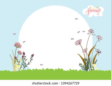 Cute cartoon summer landscape with copy space, Vector Hello summer with  beautiful pink flowers, Doodles Summer background template for Banner, Sale, Greeting Card 