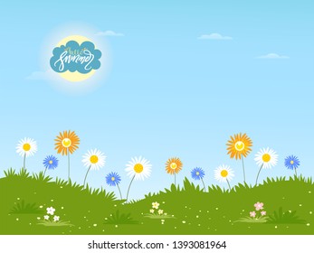 Cute cartoon Summer landscape with hello summer lettering and daisy flower, Summer background with wild flowers in sunny day