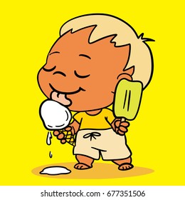 Cute Cartoon Summer Little Boy with Ice Pop, Licking Melting Vanilla Ice Cream