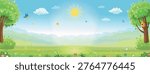 Cute cartoon summer meadow background with green trees, flowers and butterflies under a bright sunny sky. A colorful forest clearing with soft clouds and lush grass, perfect as a cheerful children’s backdrop, nature illustration or playful design template with copy space in the center.
