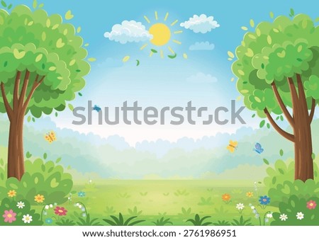 Cute cartoon summer meadow background with green trees, flowers and butterflies under a bright sunny sky. A colorful forest clearing with soft clouds and lush grass, perfect as a cheerful children’s backdrop, nature illustration or playful design template with copy space in the center.
