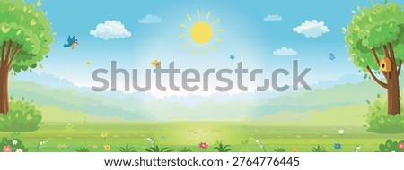 Cute cartoon summer meadow background with green trees, flowers and butterflies under a bright sunny sky. A colorful forest clearing with soft clouds and lush grass, perfect as a cheerful children’s backdrop, nature illustration or playful design template with copy space in the center.