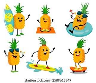 Cute cartoon summer pineapple characters with faces. Funny fruit characters on tropical vacation isolated on white background.  Eating healthy and fitness. Cute food cartoon character vector set.