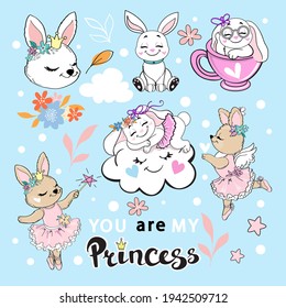 Cute cartoon summer rabbits collection and the inscription you are my princess. Birthday card. Vector illustration design for baby room and baby t-shirts