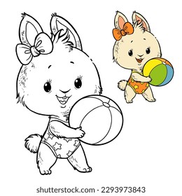 Cute cartoon summer white rabbit with beach ball vector coloring page