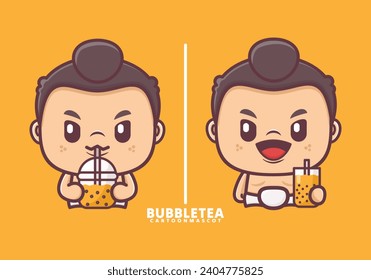 cute cartoon sumo with bubble tea. vector illustrations with outline style, suitable for, logo brand, stickers, icons, etc.