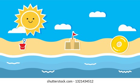 Cute cartoon The Sun and the beach. Concept of happy summer, summer time, - vector illustration