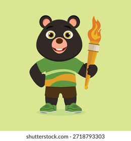 Personagem bonito do urso de sol dos desenhos animados segurando uma tocha flamejante, representando esportes e vitória