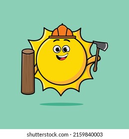 Cute cartoon sun as carpenter character with ax and wood in 3d modern style design