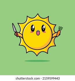 Cute cartoon sun character holding knife and carrot in modern style design