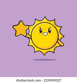 Cute cartoon sun character holding big golden star in cute modern style design
