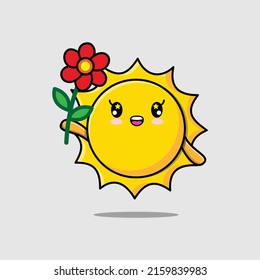 Cute cartoon sun character holding red flower in concept 3d cartoon style
