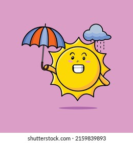 Cute cartoon sun character in the rain and using an umbrella in 3d modern style design