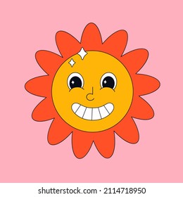 Cute Cartoon Sun Character In Retro Style With Eyes. Hippie, Psychedelic, Groove, Retro And Vintage Style. Vector Illustration