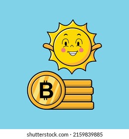 Cute cartoon sun character standing in stacked gold coin vector illustration