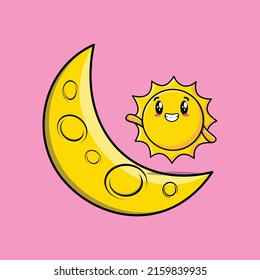 Cute cartoon Sun character standing on the crescent moon in 3d modern design