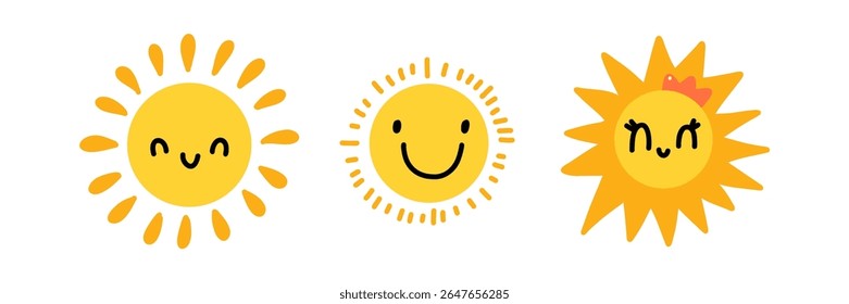 Cute cartoon sun characters set. Three smiling suns with different styles - playful, cheerful, and girly with a crown. Bright and happy summer illustration for kids, stickers, or nursery decor.