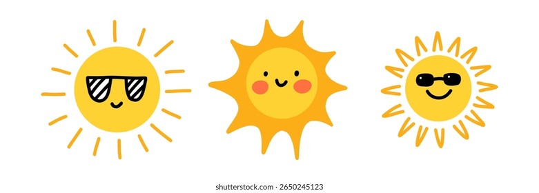 Cute cartoon sun characters set. Three smiling suns with different styles - playful, cheerful, and girly with a bow. Bright and happy summer illustration for kids, stickers, or nursery decor.