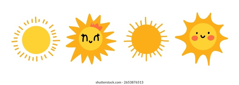 Nette Cartoon Sonne Zeichen gesetzt. Drei lächelnde Sonnen mit verschiedenen Stilen - verspielt, fröhlich und mädchenhaft mit einer Krone. Helle und fröhliche Sommer-Illustration für Kinder, Aufkleber oder Kindergarten-Dekor.