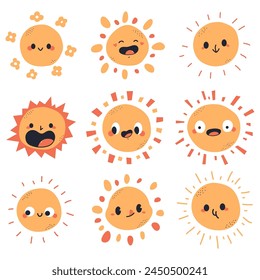 Cute cartoon sun characters vector set isolated on a white background.