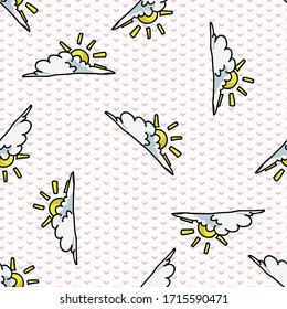 Cute cartoon sun with cloud infront seamless vector pattern. Cloudy bright sky with sunshine background. Warm summer sunlight all over print. 