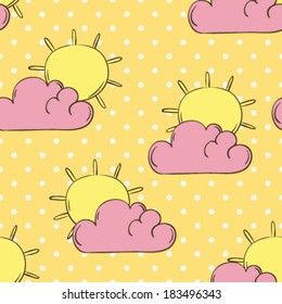 Cute cartoon sun and cloud seamless pattern on polka dots background