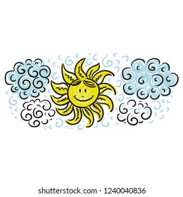 Cute cartoon sun and clouds. Sketch. Vector illustration
