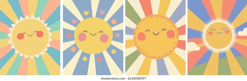 Cute cartoon sun collection with colorful rays and smiling faces on pastel backgrounds