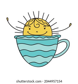 Sol y taza de dibujos animados. Ilustración del vector